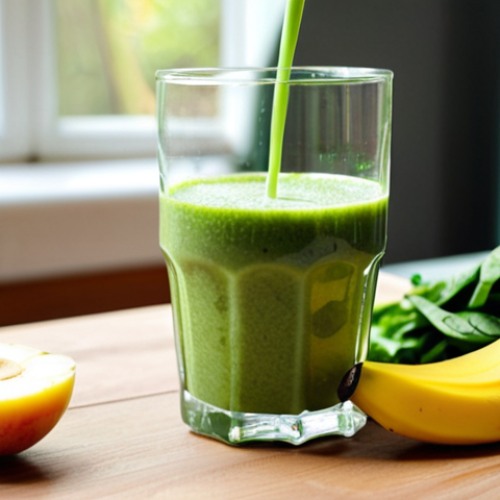**Image Prompt:** A vibrant, eye-level shot of a green smoothie being poured into a glass. Focus on the textures – the frothy smoothie, visible pieces of fruit and leafy greens. In the background, subtly display ingredients like spinach, banana, mango, and almond milk. The scene is brightly lit, conveying a sense of energy and healthy start. Dutch breakfast table setting.